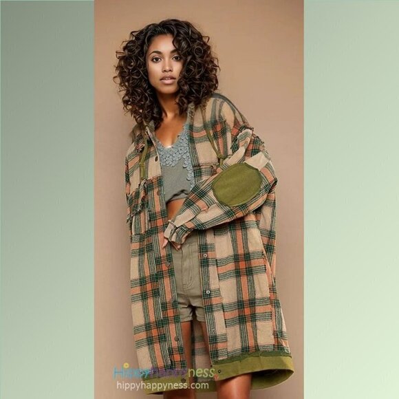 POL Tops - POL Shacket Jacket Oversized Plaid Hoodie Beige Orange Green